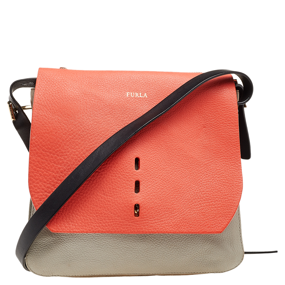 luxury-women-furla-used-handbags-p500495-007-2 Furla Orange/Grey Leather And Suede Flap Shoulder Bag