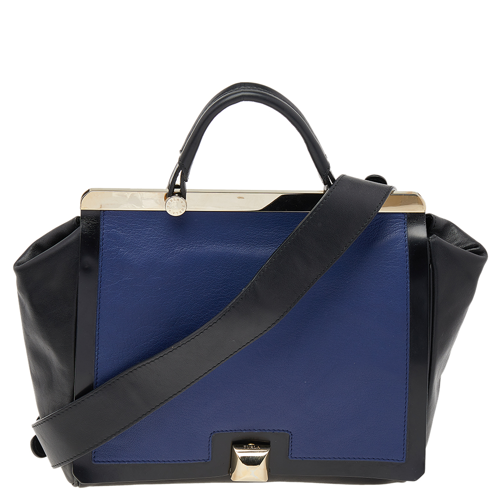 luxury-women-furla-used-handbags-p500727-008-2 Furla Black/Blue Leather Cortina Top Handle Bag