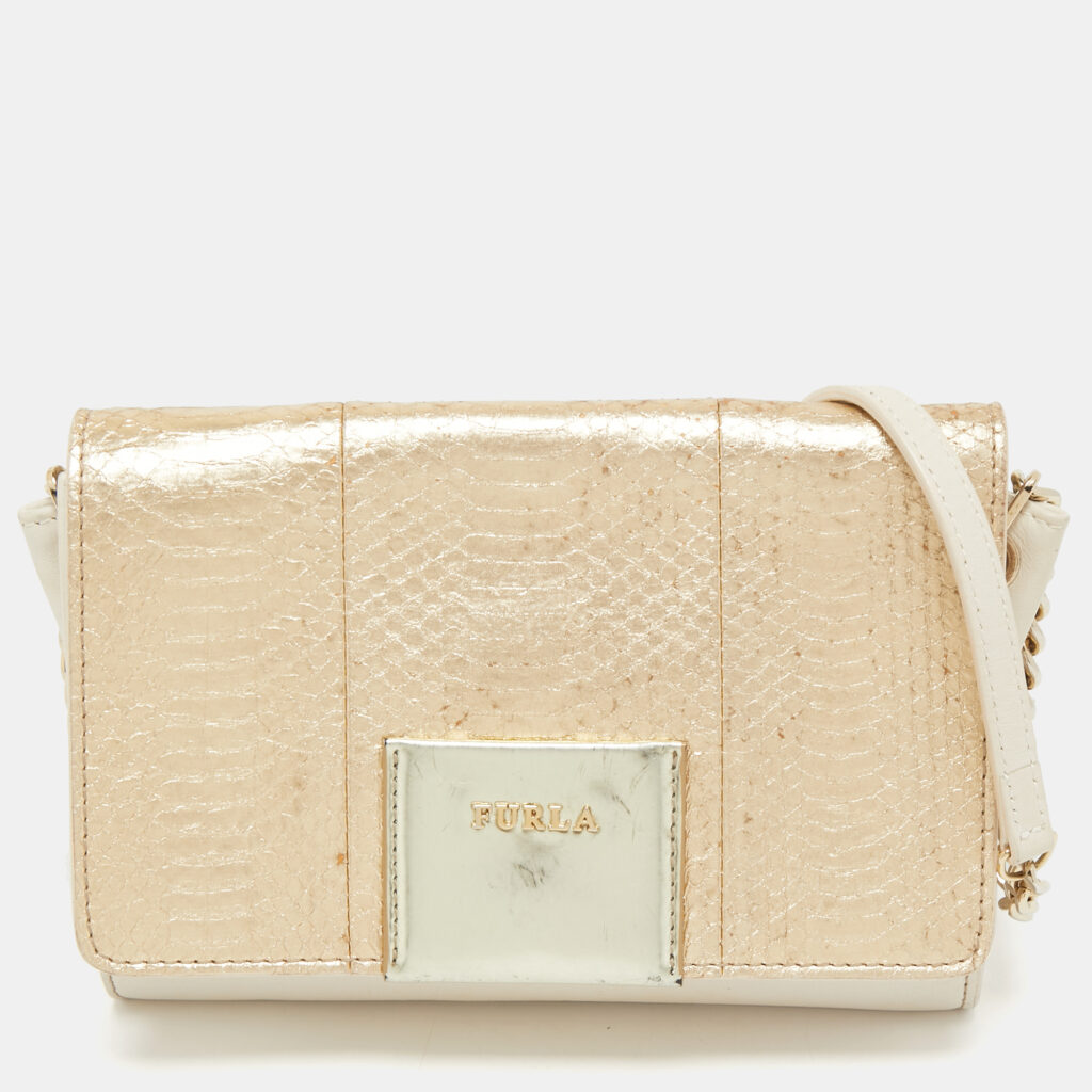 luxury-women-furla-used-handbags-p749117-006 Furla Gold/Cream Leather and Python Embossed Leather Shoulder Bag
