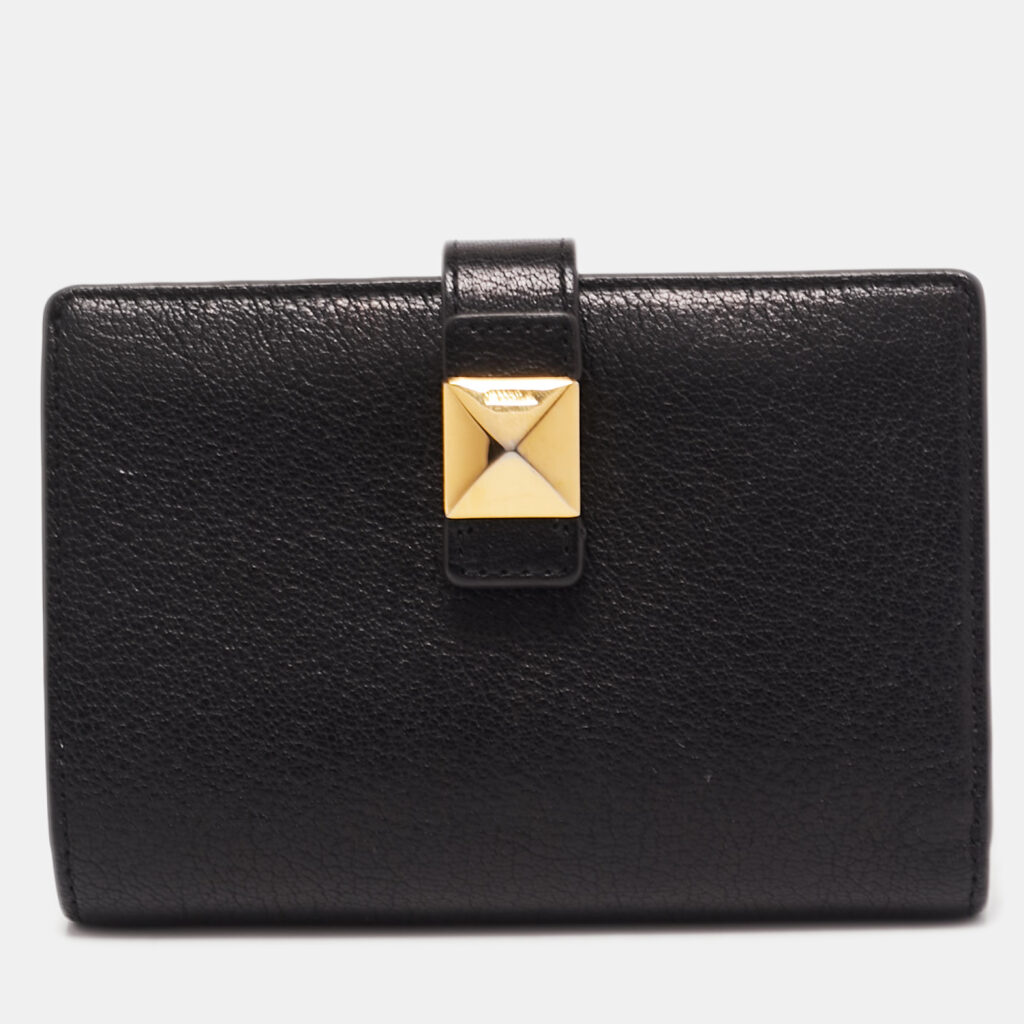 luxury-women-furla-used-handbags-p775855-001 Furla Black Leather Stud Flap Compact Wallet