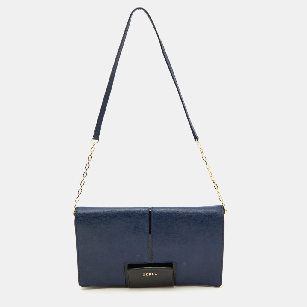 luxury-women-furla-used-handbags-p901675-007 Furla Blue/Black Leather Flap Chain Shoulder Bag