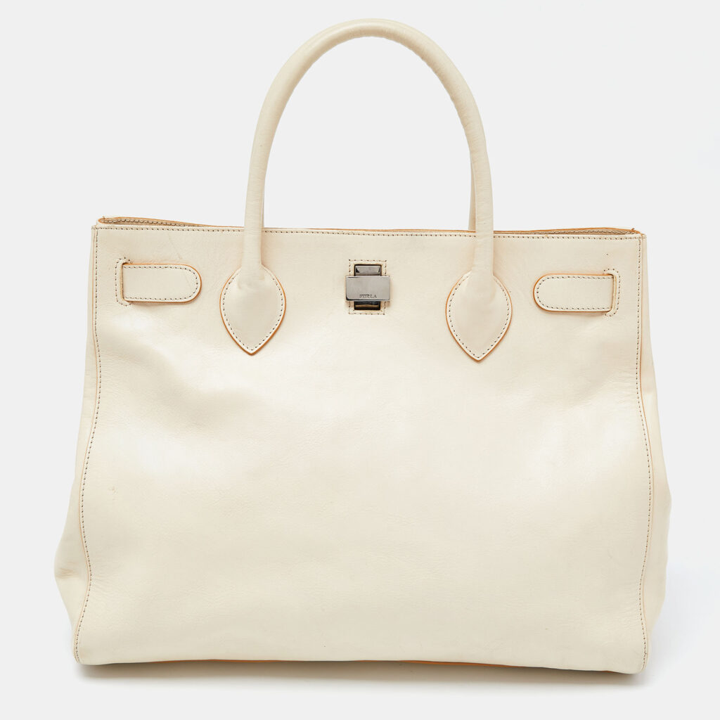luxury-women-furla-used-handbags-p934652-011 Furla Cream Leather Twist Lock Tote