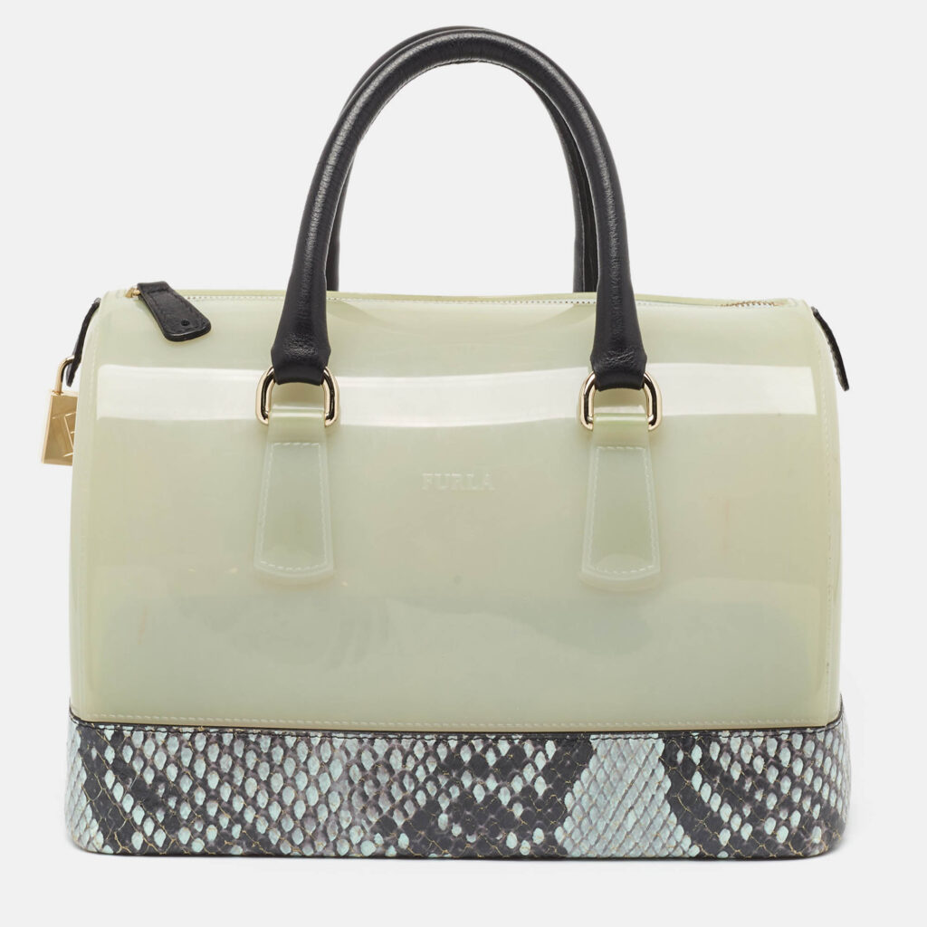 luxury-women-furla-used-handbags-p975953-017 Furla Light Blue Python Embossed and Rubber Candy Satchel