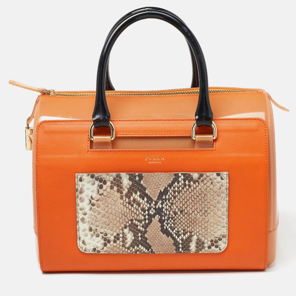 luxury-women-furla-used-handbags-p978066-012 Furla Orange/Brown Rubber and Snakeskin Embossed Leather Candy Satchel
