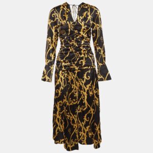 Ganni Black Printed Stretch Satin Ruched Midi Dress S