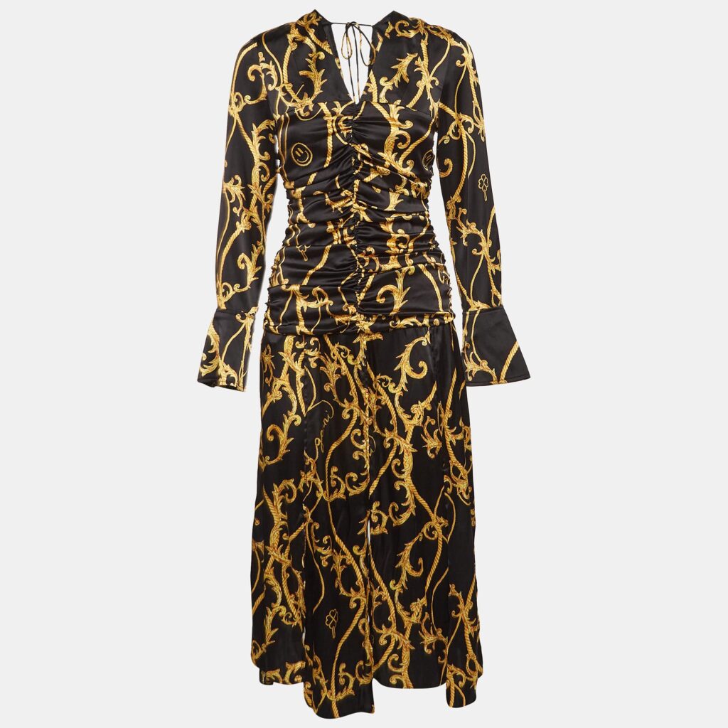 luxury-women-ganni-new-clothes-p1044454-003 Ganni Black Printed Stretch Satin Ruched Midi Dress S