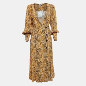Ganni Yellow Leopard Print Crepe Buttoned Midi Dress S