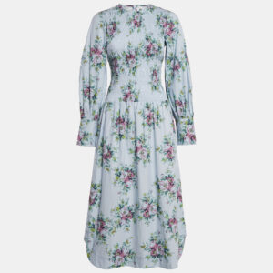 Ganni Blue Floral Print Cotton Shirring Detail Midi Dress XS