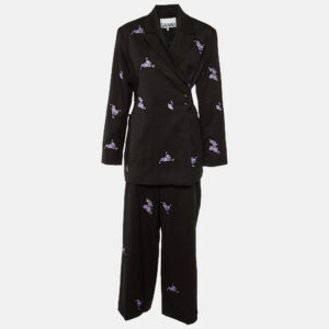 Ganni Charcoal Grey Embroidered Wool Wrap Blazer & Pants Set M
