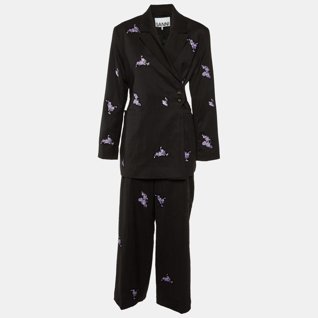luxury-women-ganni-new-clothes-p1142399-001 Ganni Charcoal Grey Embroidered Wool Wrap Blazer & Pants Set M