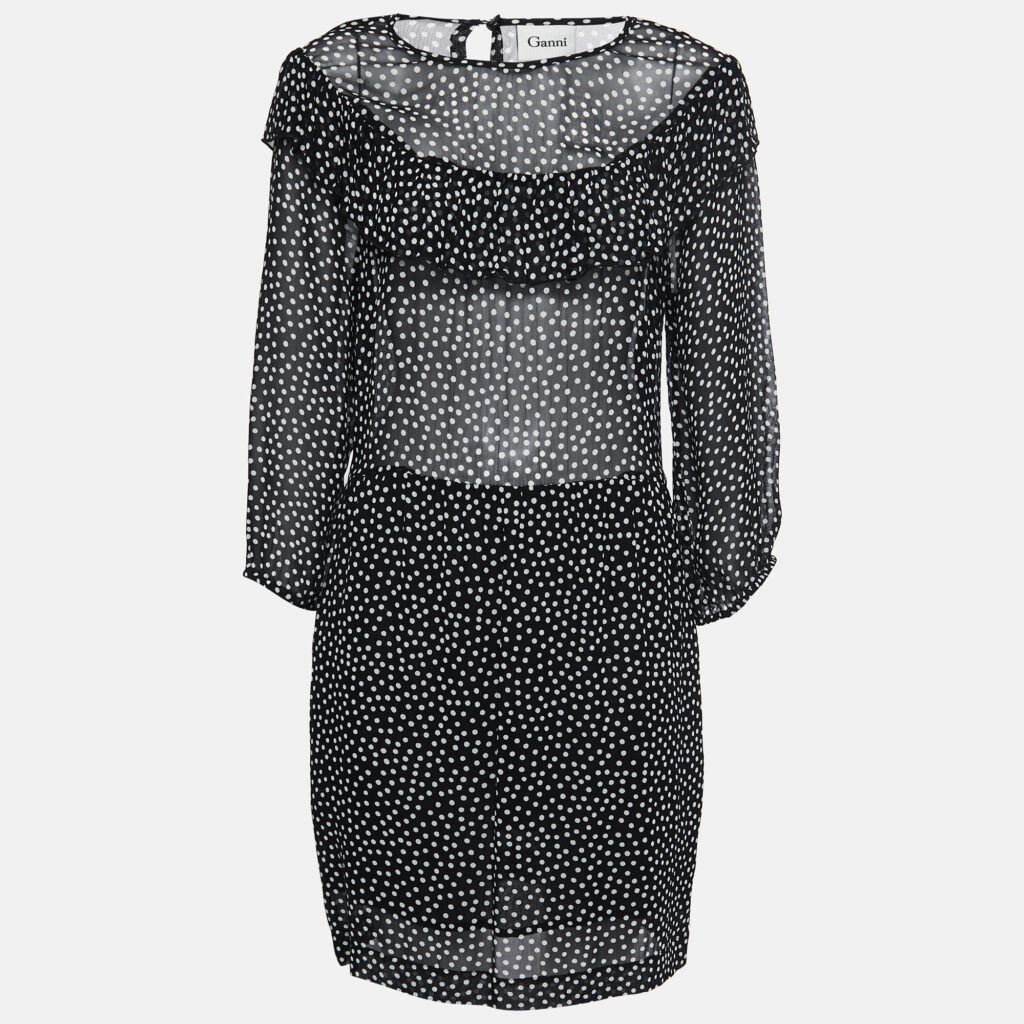 luxury-women-ganni-new-clothes-p805230-001 Ganni Black Polka Dotted Crepe Belleville Short Dress XL