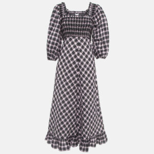 Ganni Black/Sweet Lilac Checked Cotton Blend Smocked Seersucker Maxi Dress XS