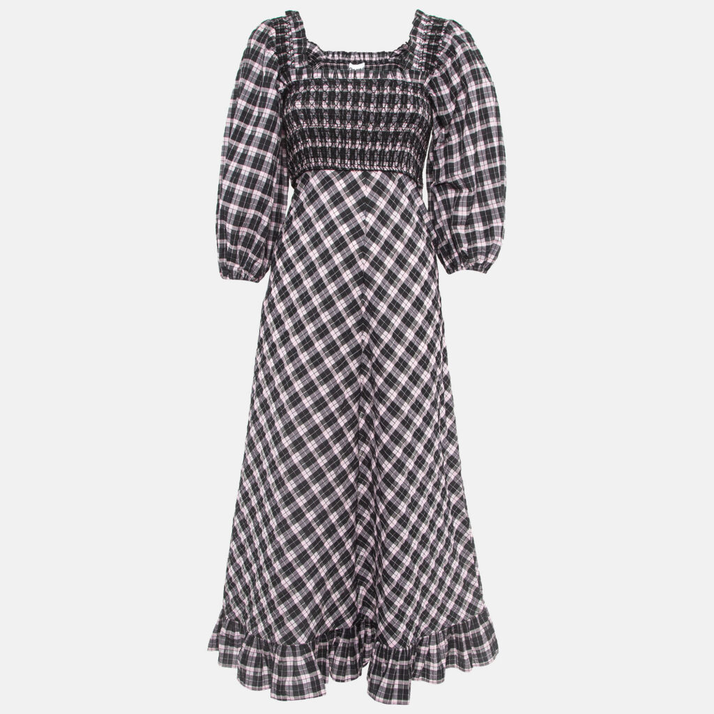 luxury-women-ganni-new-clothes-p961394-001 Ganni Black/Sweet Lilac Checked Cotton Blend Smocked Seersucker Maxi Dress XS