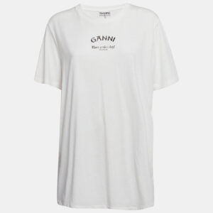 Ganni White Printed Cotton Knit Crew Neck T-Shirt XL