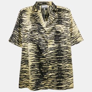 Ganni Yellow Animal Print Satin Oversized Shirt M