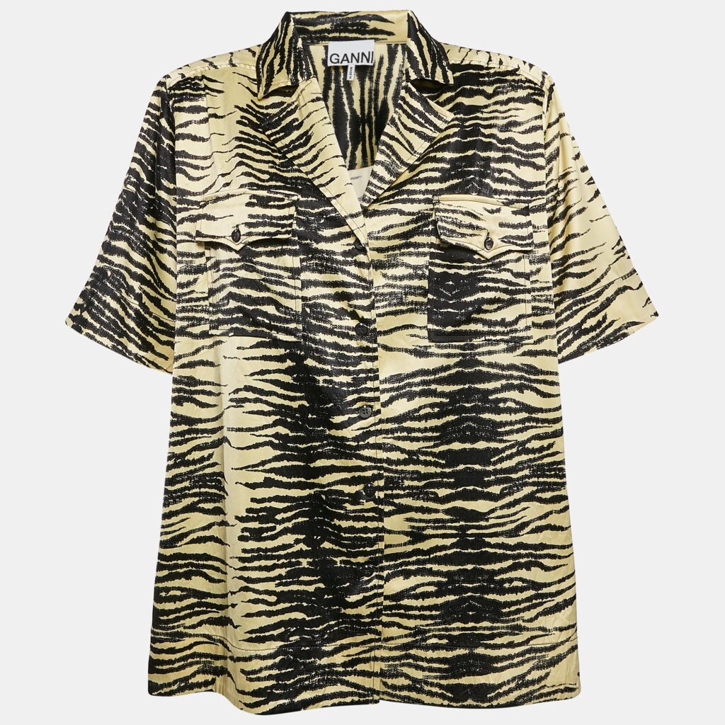 Ganni Yellow Animal Print Satin Oversized Shirt M