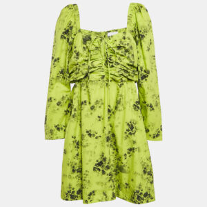 Ganni Green Floral Print Cotton Gathered Mini Dress L