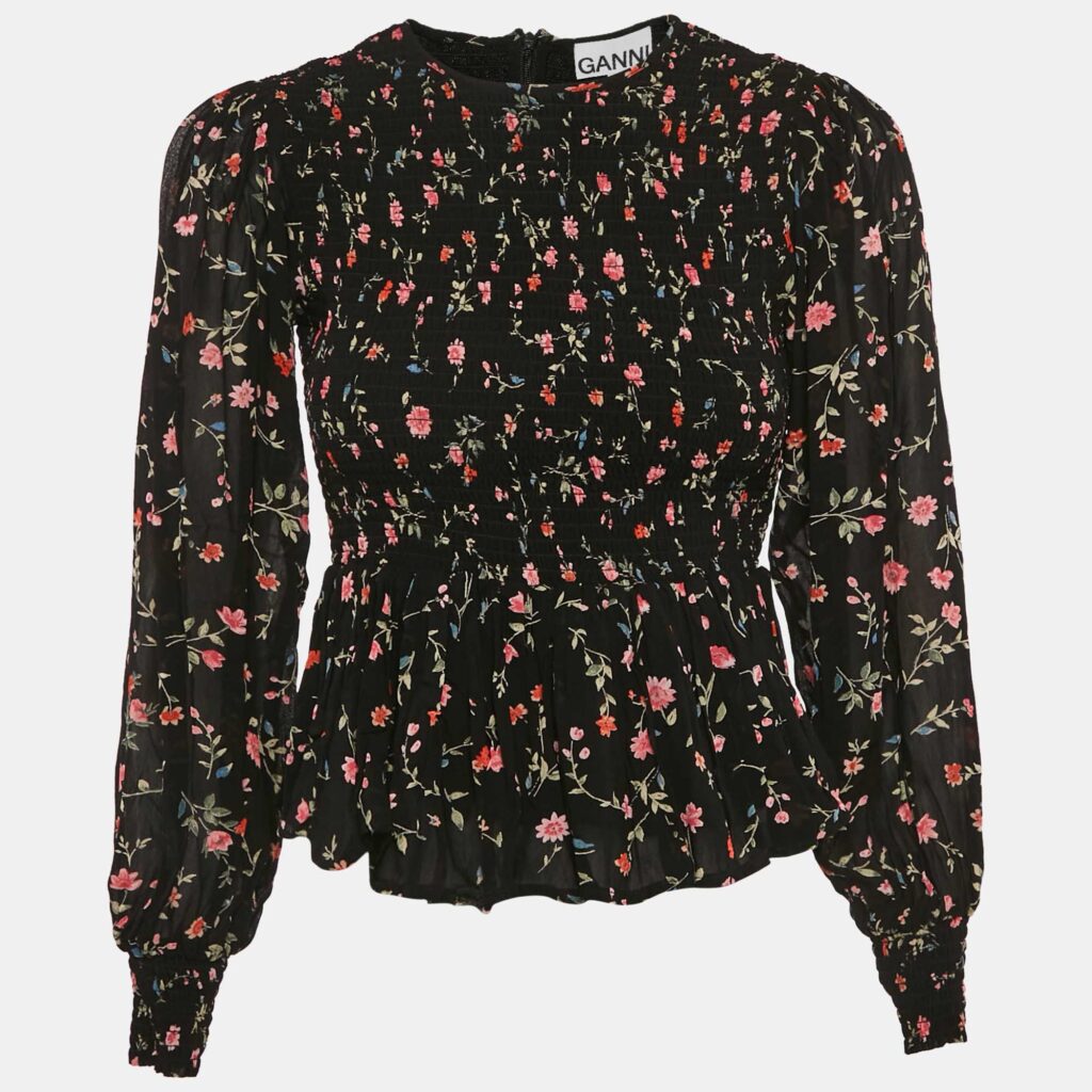 luxury-women-ganni-used-clothes-p1107102-001 Ganni Black Floral Print Crepe Smocked Top XS