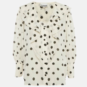 Ganni White Polka Dot Print Crepe Ruffled Top M