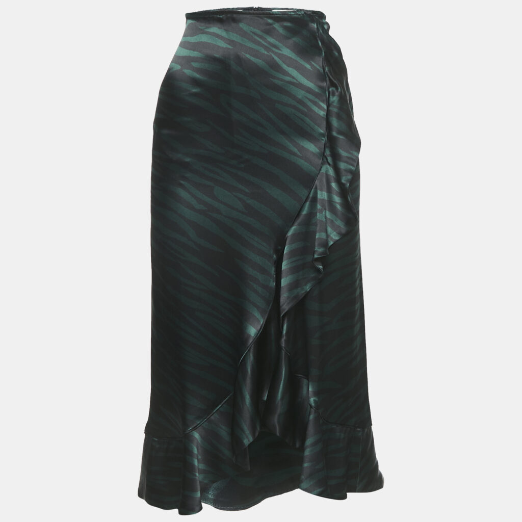 luxury-women-ganni-used-clothes-p1142843-002 Ganni Black/Green Animal Print Satin Ruffled Midi Skirt XS