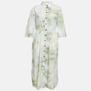Ganni Green Tie-Dye Print Button Front Long Shirt Dress M
