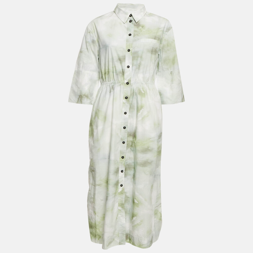 luxury-women-ganni-used-clothes-p1155395-001 Ganni Green Tie-Dye Print Button Front Long Shirt Dress M