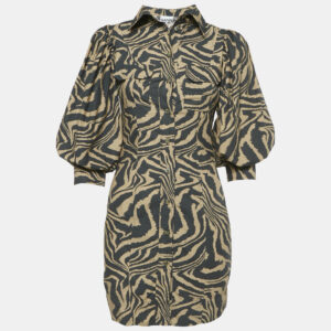 Ganni Brown Zebra Print Cotton Puff-Sleeve  Mini Shirt Dress XS