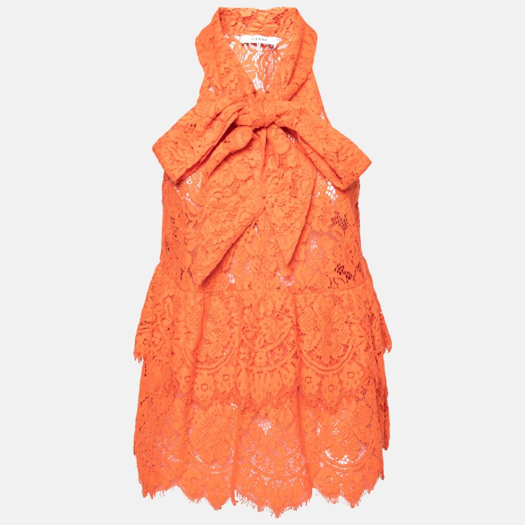 luxury-women-ganni-used-clothes-p670875-001 Ganni Orange Floral Lace Neck Tie Detail Tiered Sleeveless Top S
