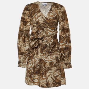 Ganni Brown Abstract Print Poplin Wrap Dress S