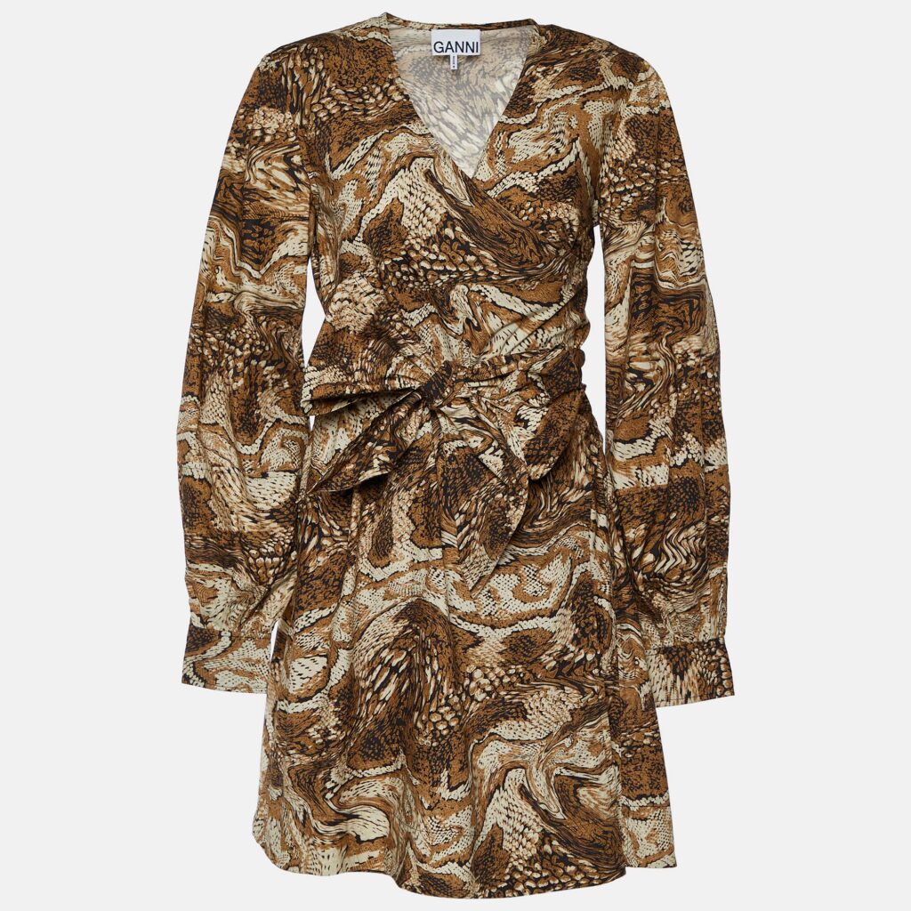 luxury-women-ganni-used-clothes-p735694-003 Ganni Brown Abstract Print Poplin Wrap Dress S