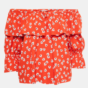 Ganni Orange Floral Printed Crepe Ruffled Top S