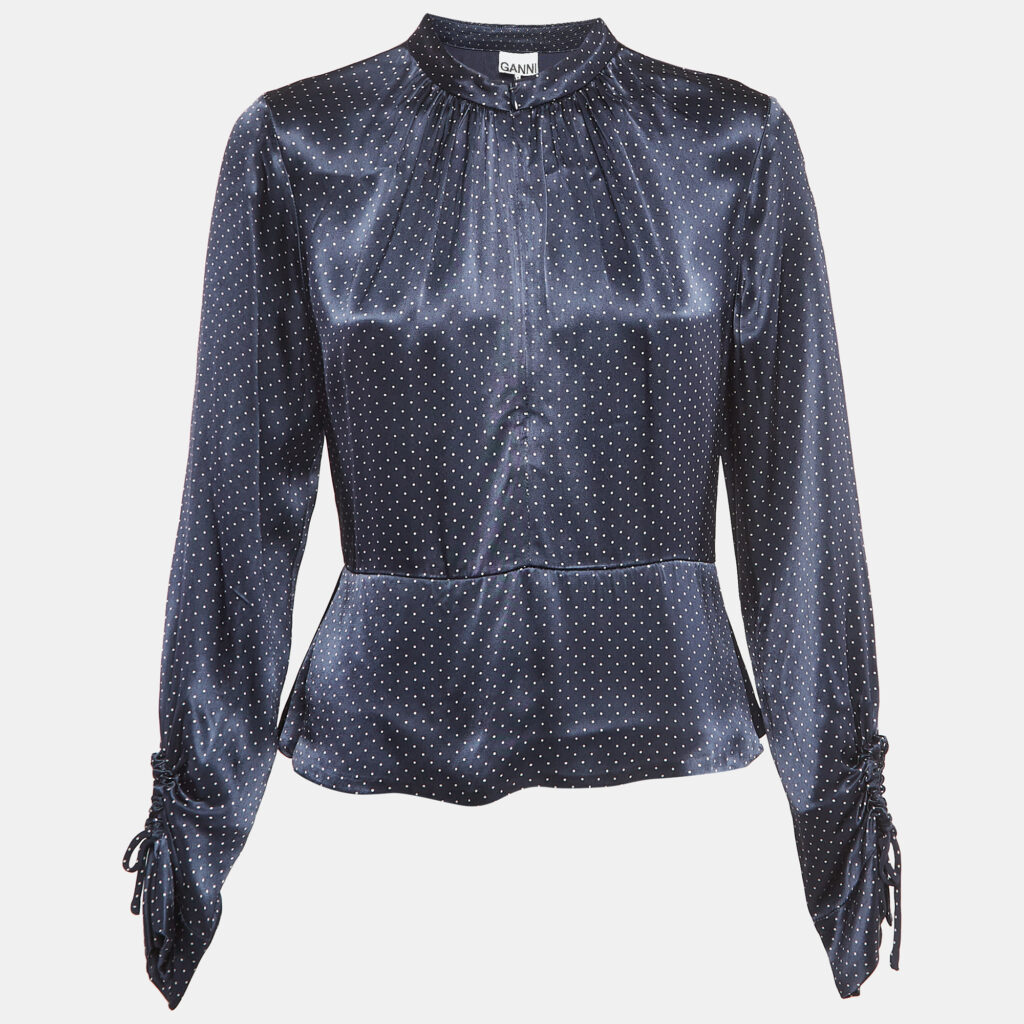 luxury-women-ganni-used-clothes-p949553-003 Ganni Navy Blue Polka Dot Print Satin Tie-Up Open Back Blouse S