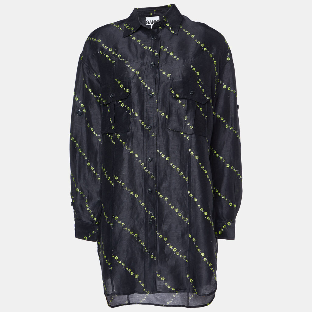 luxury-women-ganni-used-clothes-p962484-001 Ganni Black Floral Print Linen & Silk Button Front Shirt S