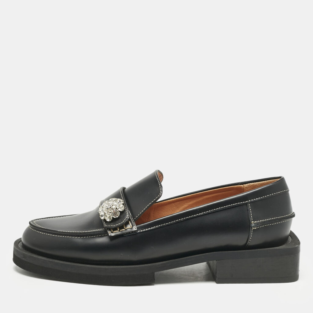 Ganni Black Leather Crystal Embellished Slip On Loafers Size 36