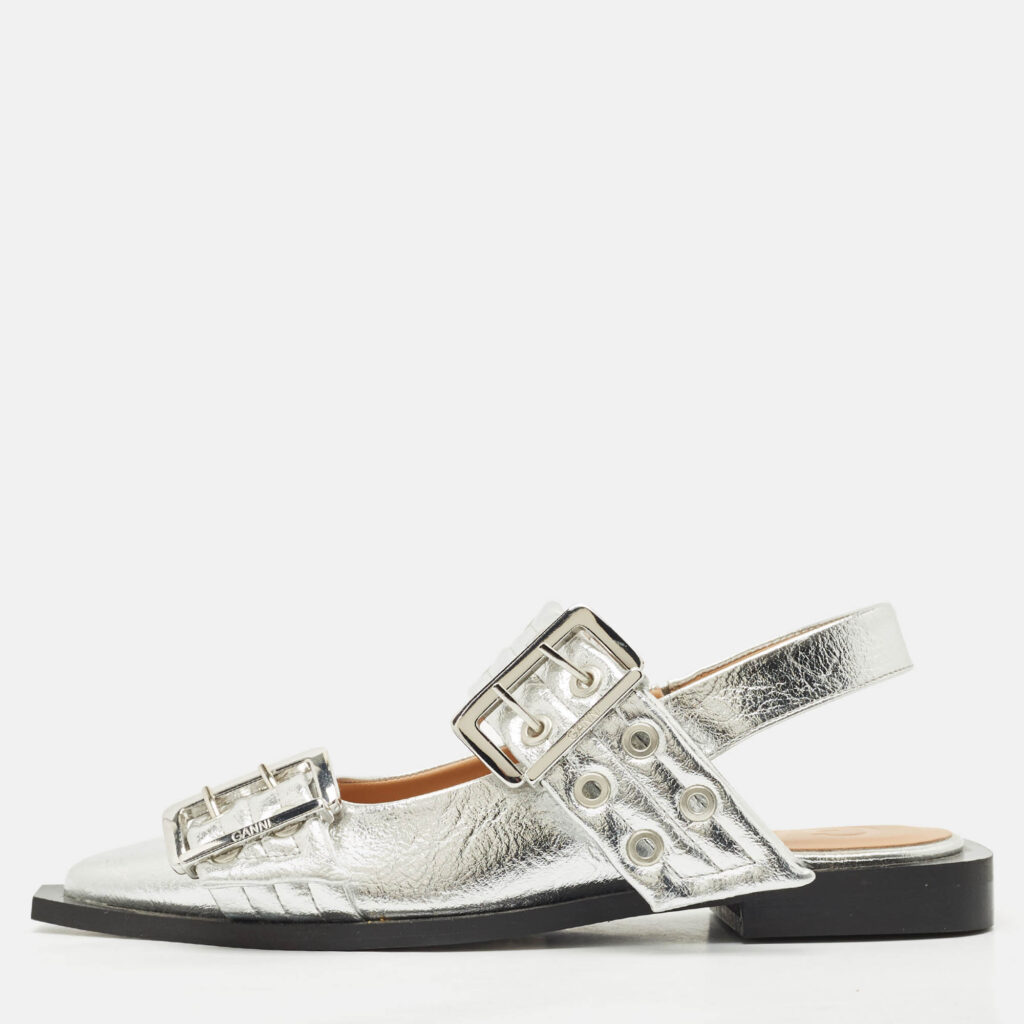 luxury-women-ganni-used-shoes-p1163672-010 Ganni Silver Leather Buckle Slingback Flats Size 37