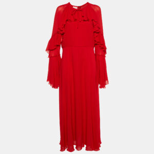 giamba red crepe ruffled maxi dress xl