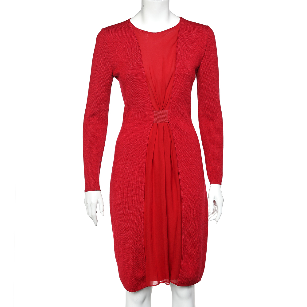 luxury-women-giambattista-valli-used-clothes-p583916-005-1 Giambattista Valli Red Wool & Pleated Silk Paneled Midi Dress XS