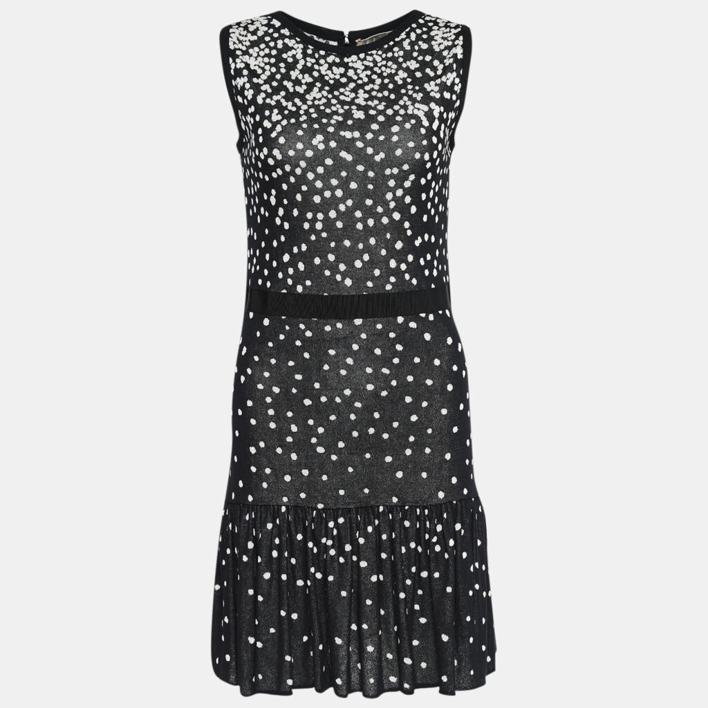 luxury-women-giambattista-valli-used-clothes-p633680-001-2 Giambattista Valli Black and White Polka Printed Knit Flared Hem Detailed Midi Dress S