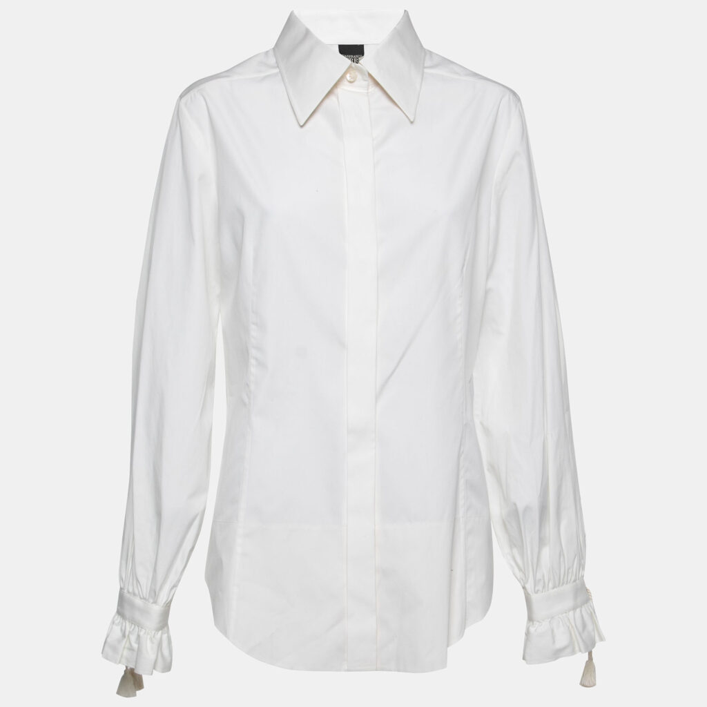 luxury-women-gianfranco-ferre-used-clothes-p725926-001 Gianfranco Ferre Off White Cotton Tassel Detail Button Front Shirt XL