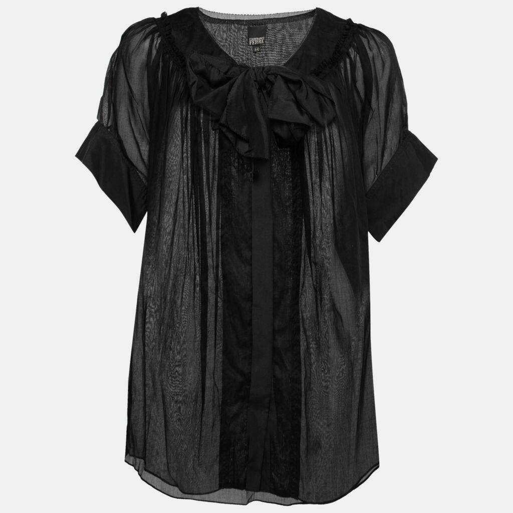luxury-women-gianfranco-ferre-used-clothes-p725934-001 Gianfranco Ferre Black Cotton Bow Detail Button Front Blouse M