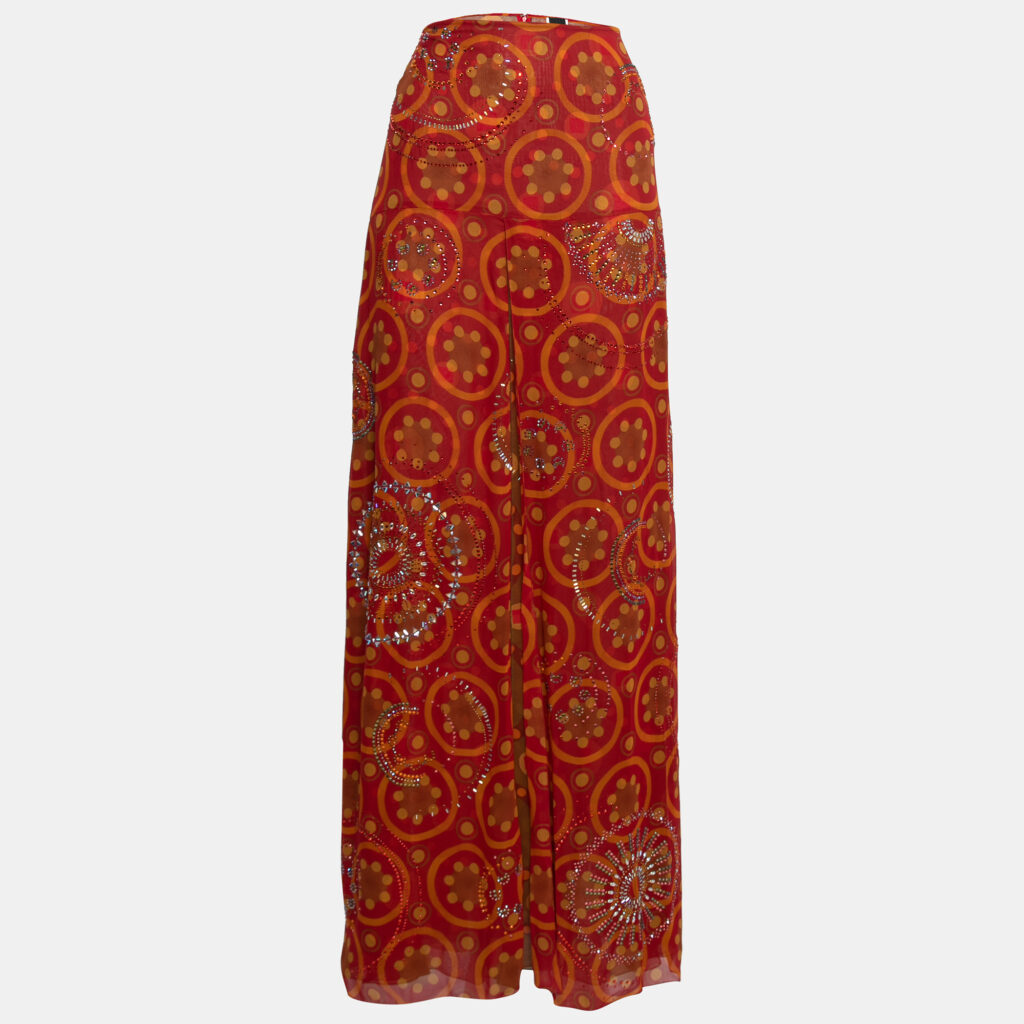 luxury-women-gianfranco-ferre-used-clothes-p726100-006 Gianfranco Ferre Vintage Red Printed Silk Embellished Maxi Skirt L
