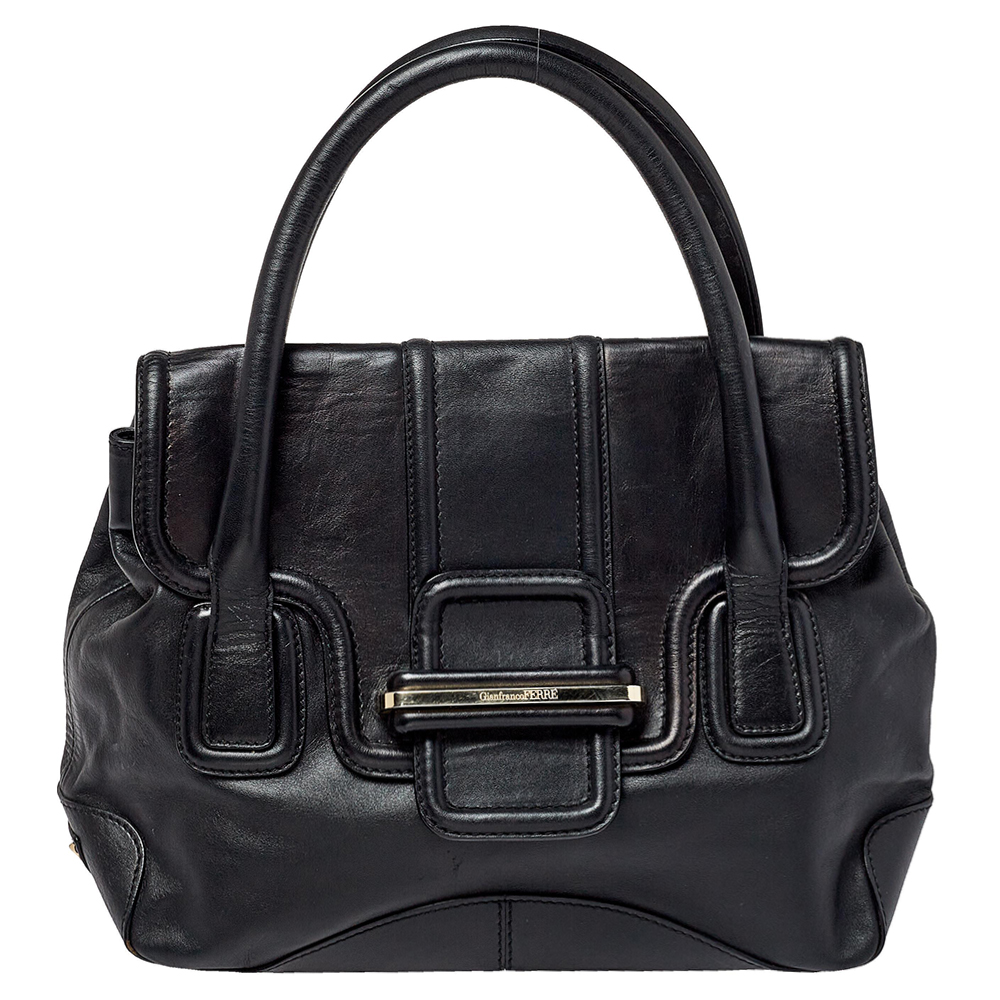 luxury-women-gianfranco-ferre-used-handbags-p405795-009 Gianfranco Ferre Black Leather Flap Satchel