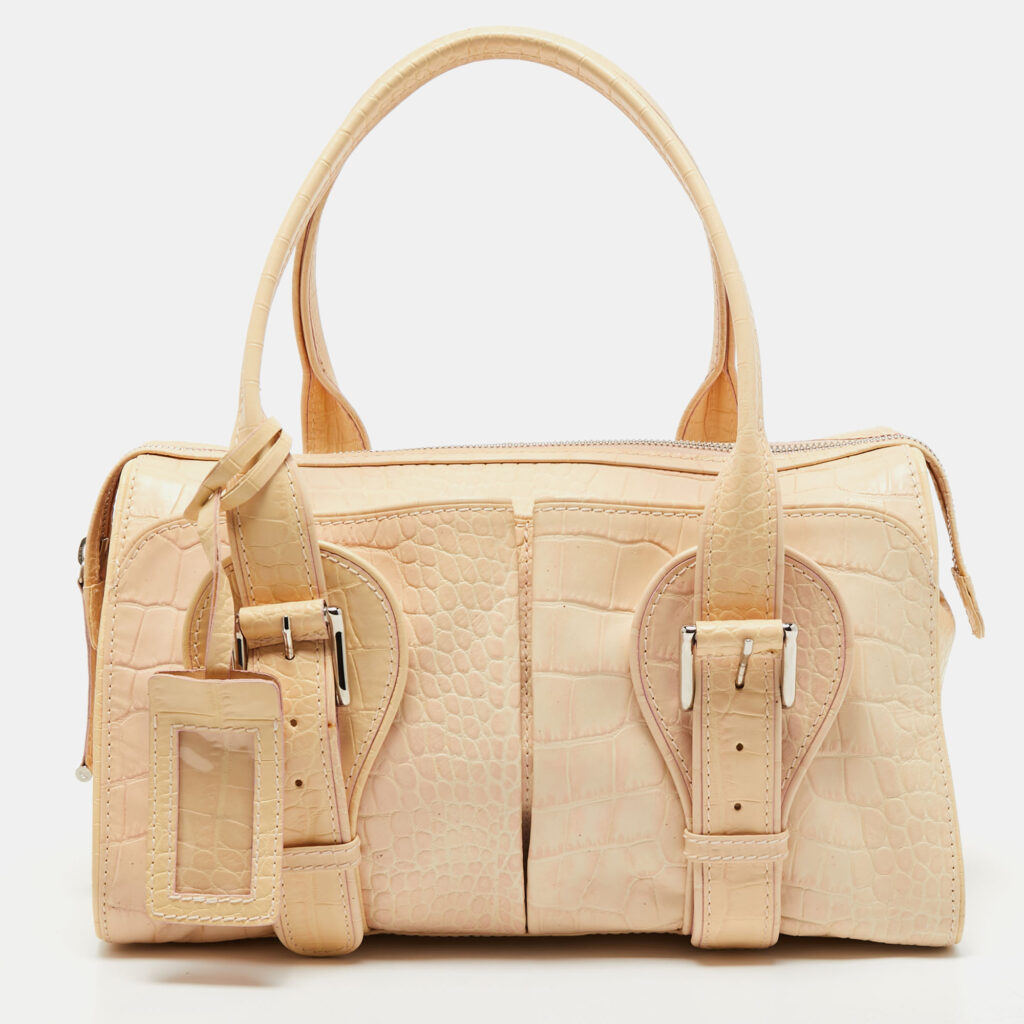 luxury-women-gianfranco-ferre-used-handbags-p763607-020 Gianfranco Ferre Beige Alligator Embossed Leather Boston Bag