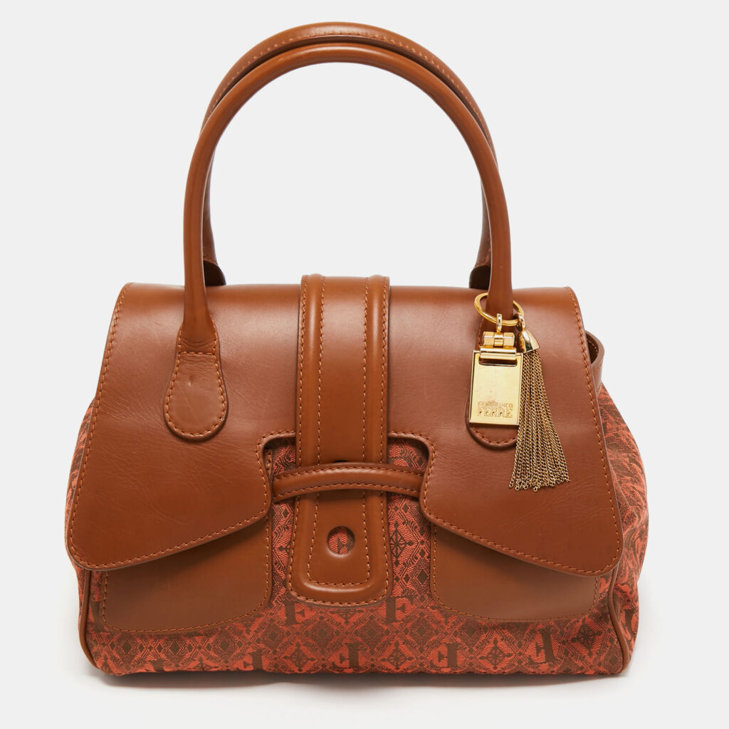 luxury-women-gianfranco-ferre-used-handbags-p763628-020 Gianfranco Ferre Brown Jacquard Fabric and Leather Flap Satchel