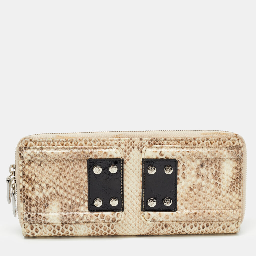luxury-women-gianfranco-ferre-used-handbags-p764688-001 Gianfranco Ferre Beige Watersnake Leather Zip Around Oversized Wallet