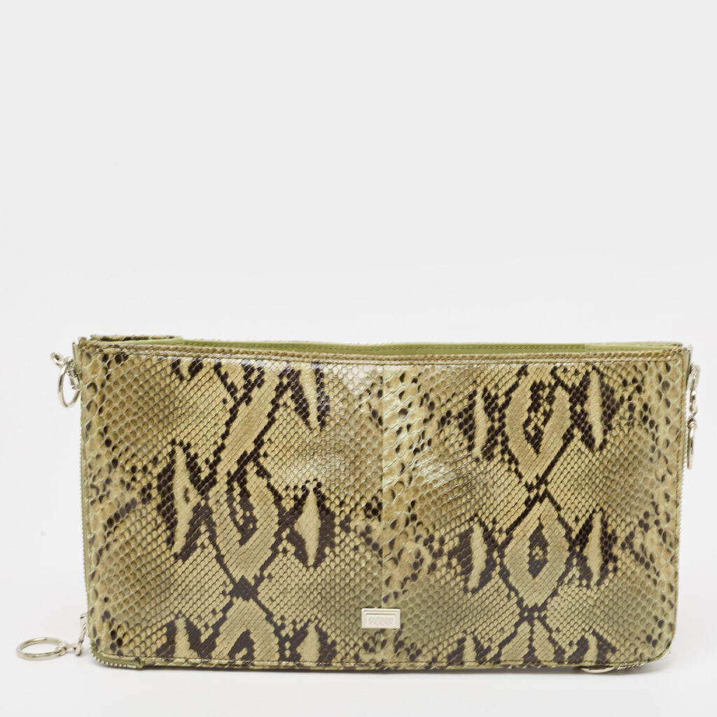 luxury-women-gianfranco-ferre-used-handbags-p889152-003 Gianfranco Ferre Olive Green Python Oversized Zip Clutch