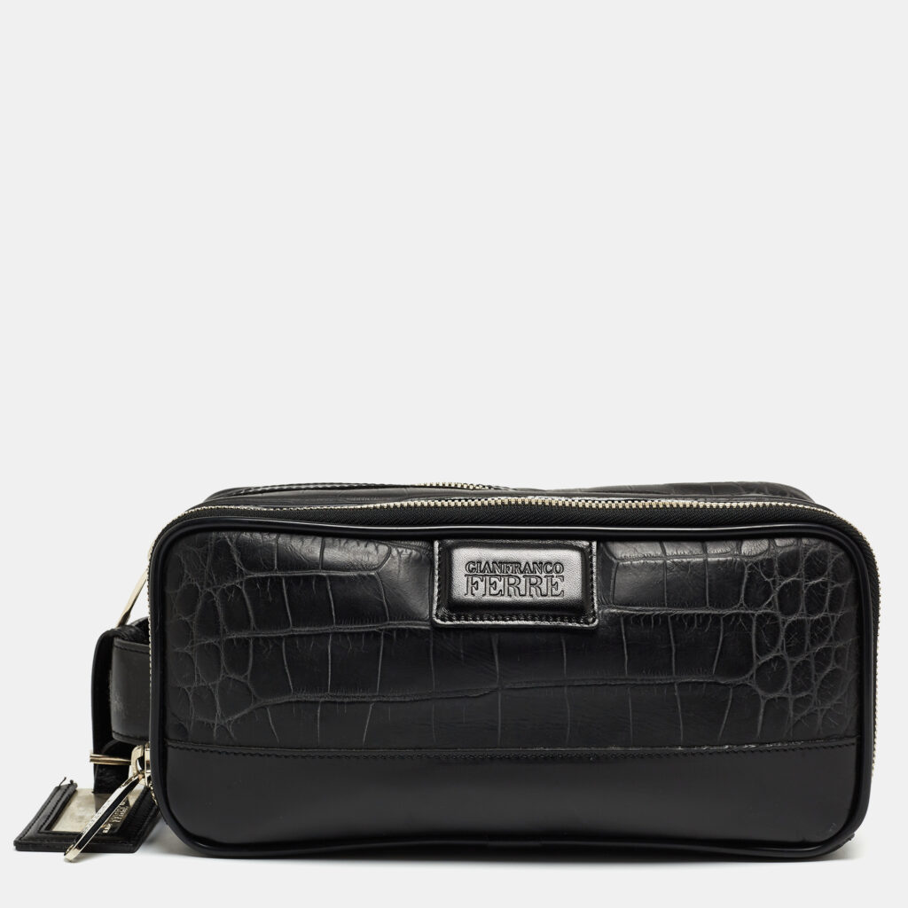 luxury-women-gianfranco-ferre-used-handbags-p892199-006 Gianfranco Ferre Black Croc Embossed Leather Oversized Pouch