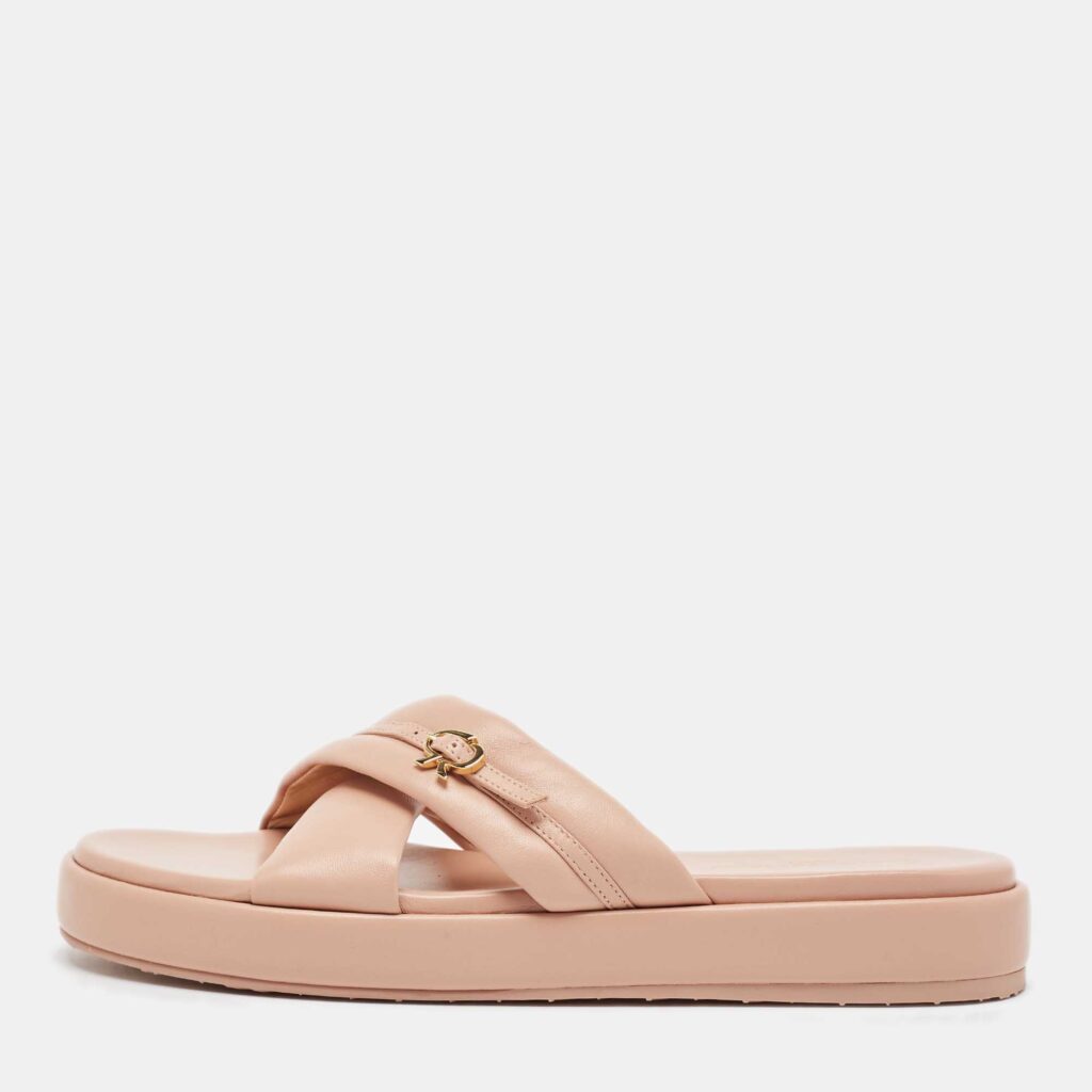 luxury-women-gianvito-rossi-new-shoes-p1040717-003 Gianvito Rossi Pink Leather alima Criss Cross Flat Slides Size 40.5