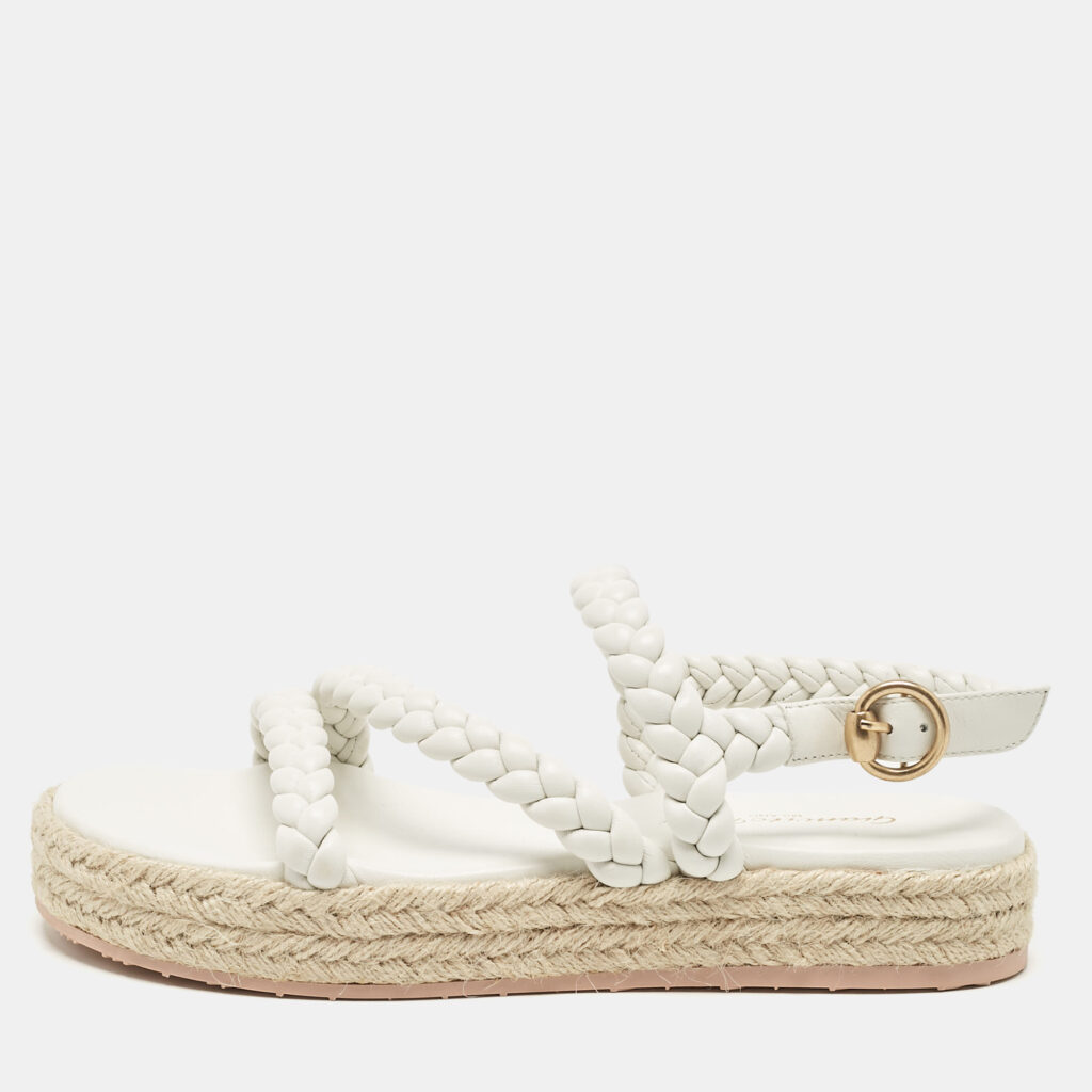 Gianvito Rossi White Braided Leather Platform Espadrille Sandals Size 36.5