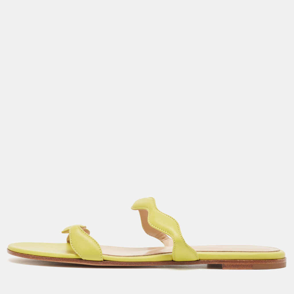 luxury-women-gianvito-rossi-new-shoes-p1045402-001 Gianvito Rossi Green Leather Wavy Flat Slides Size 38